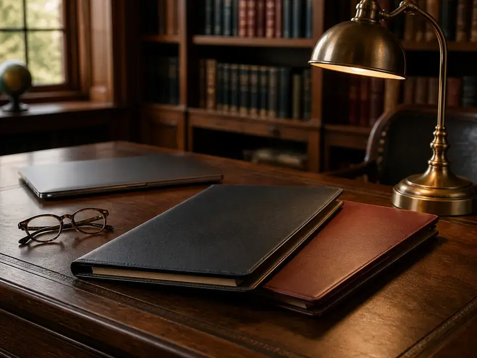 School administrator resources arranged on a warm library desk