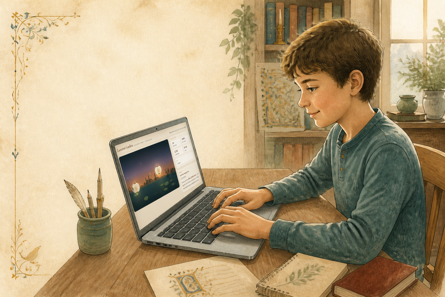 A child typing on a laptop with the Lantern Garden typing game on screen.