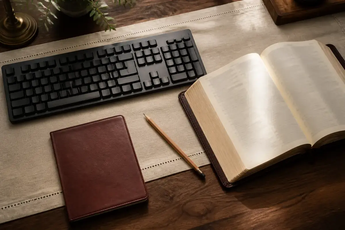 An open Bible beside a physical keyboard and pencil on a warm wooden desk
