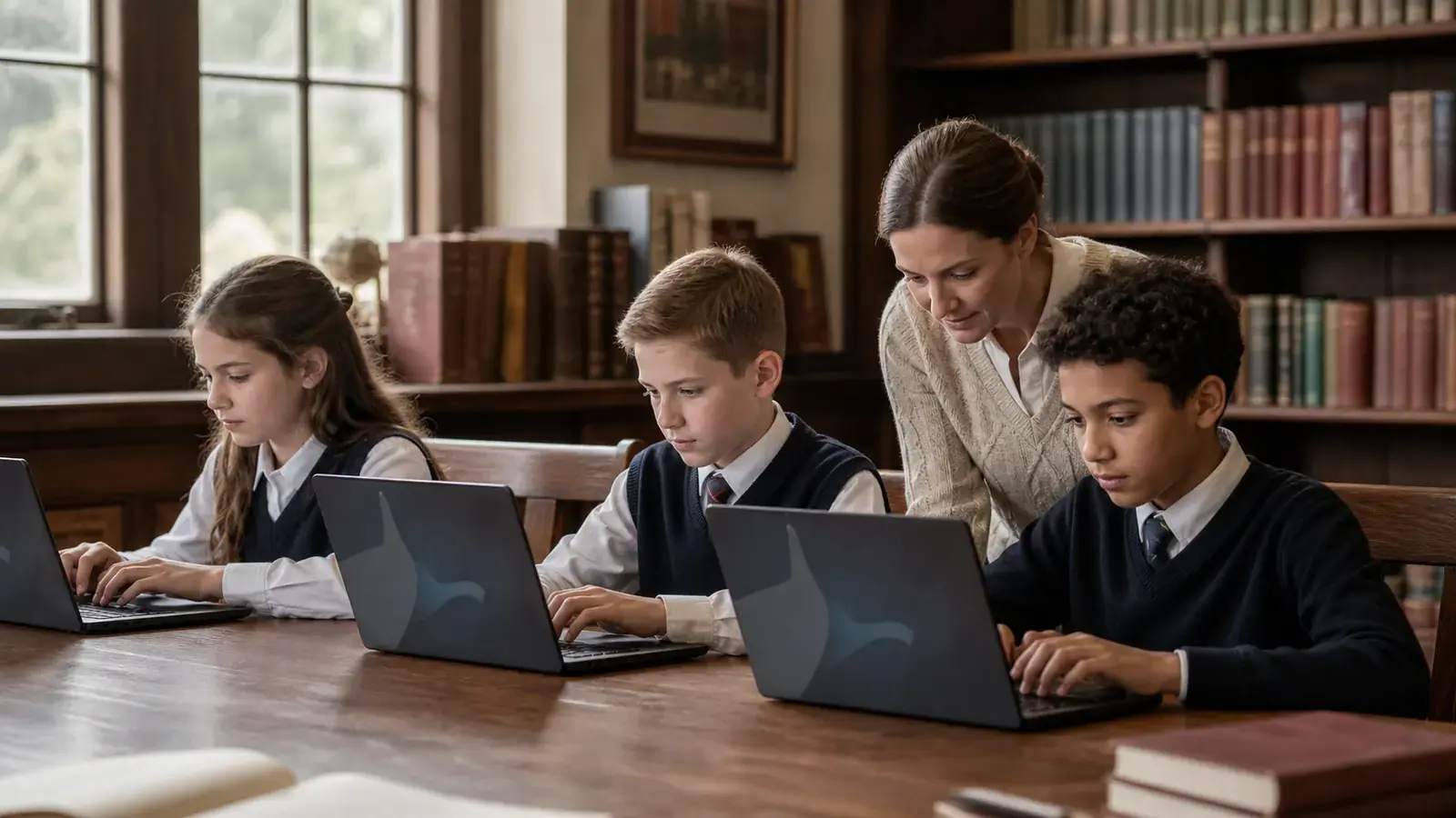 A teacher guiding three students as they practice at laptop keyboards in a school library