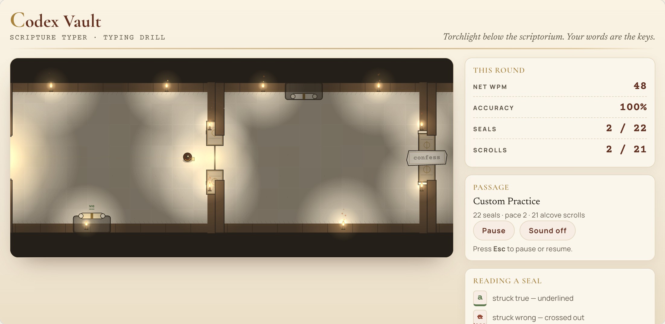 Codex Vault: mid-play typing game with Scripture words on screen