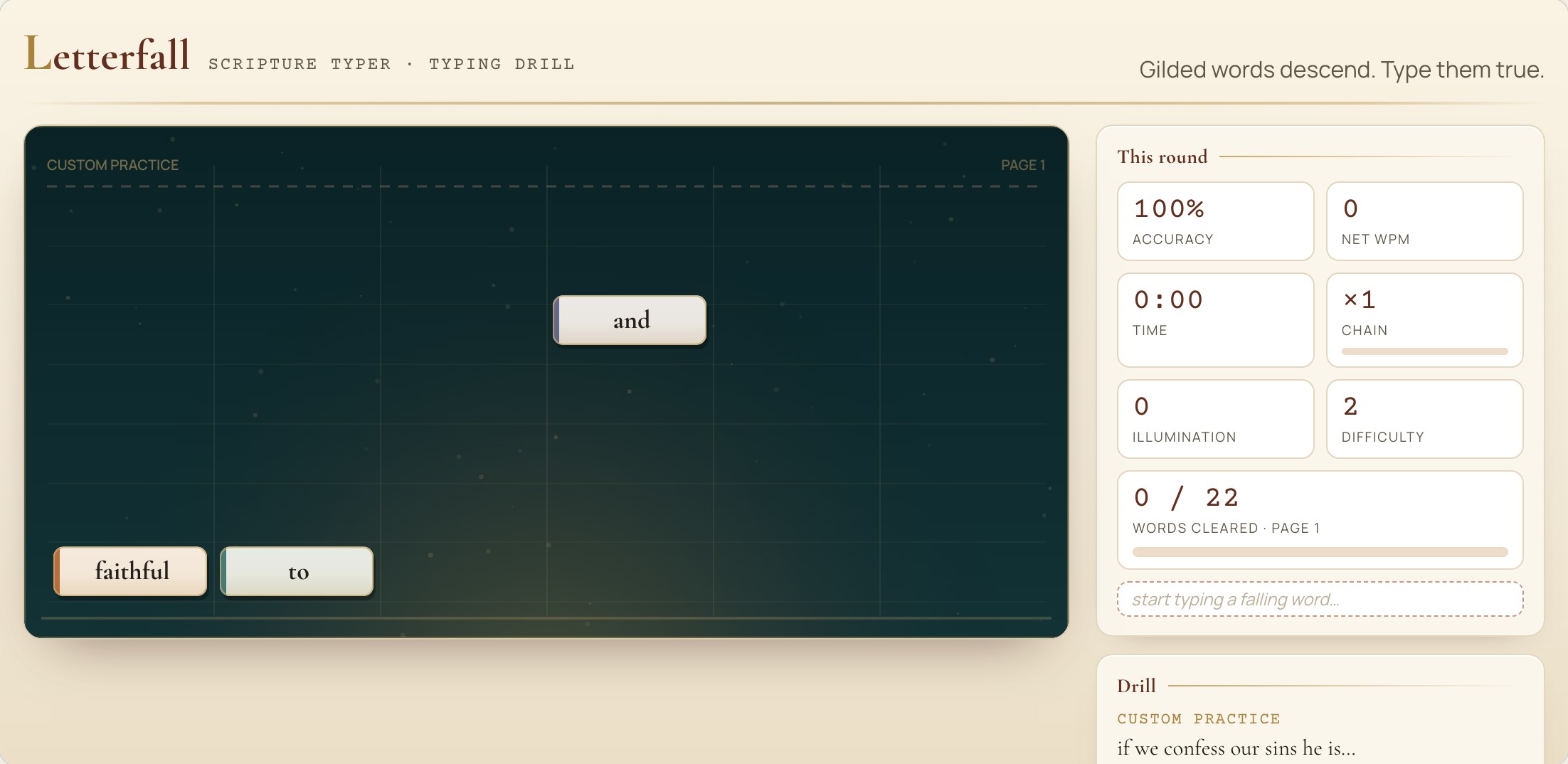 Letterfall: mid-play typing game with Scripture words on screen
