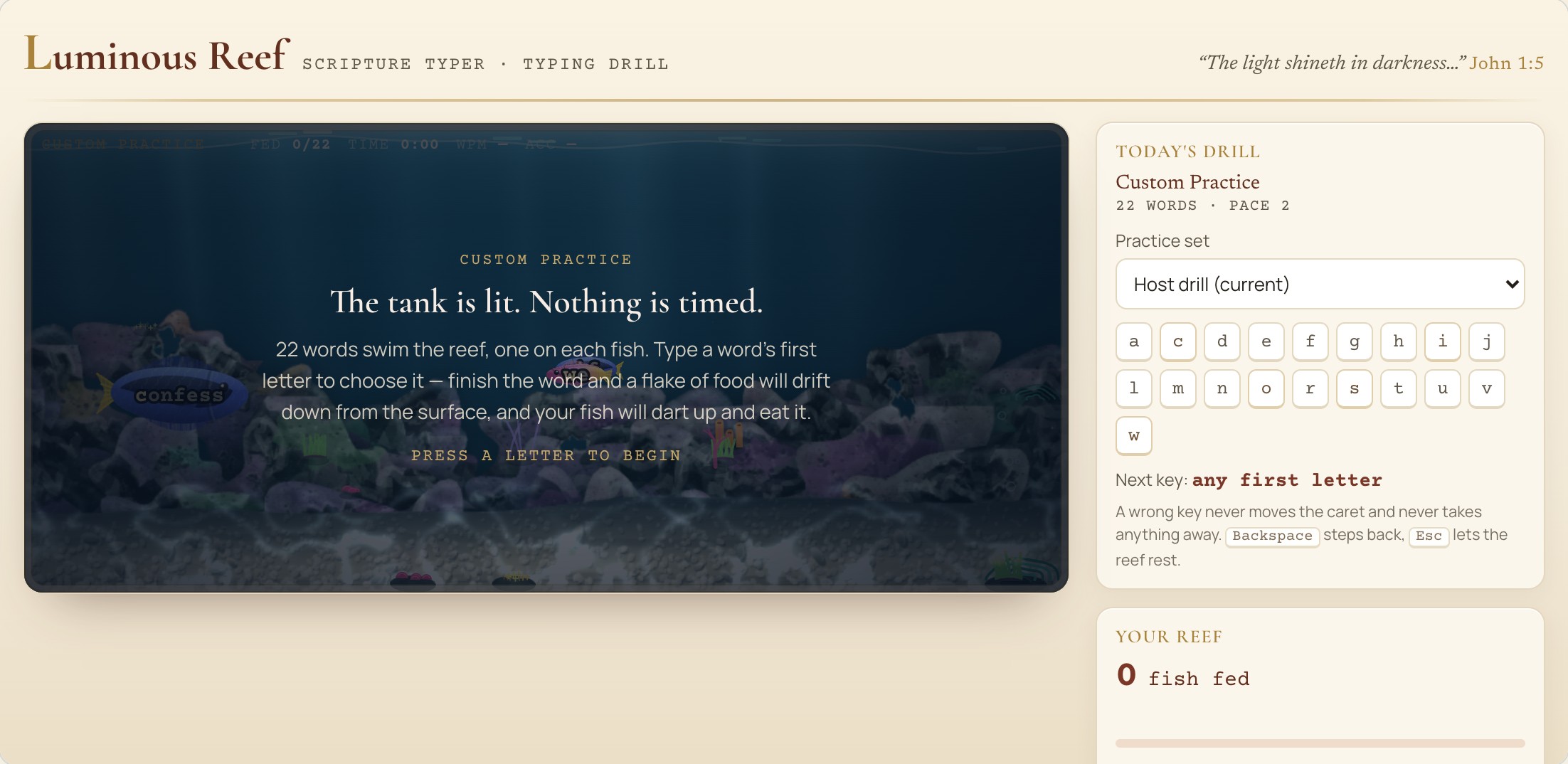 Luminous Reef: mid-play typing game with Scripture words on screen