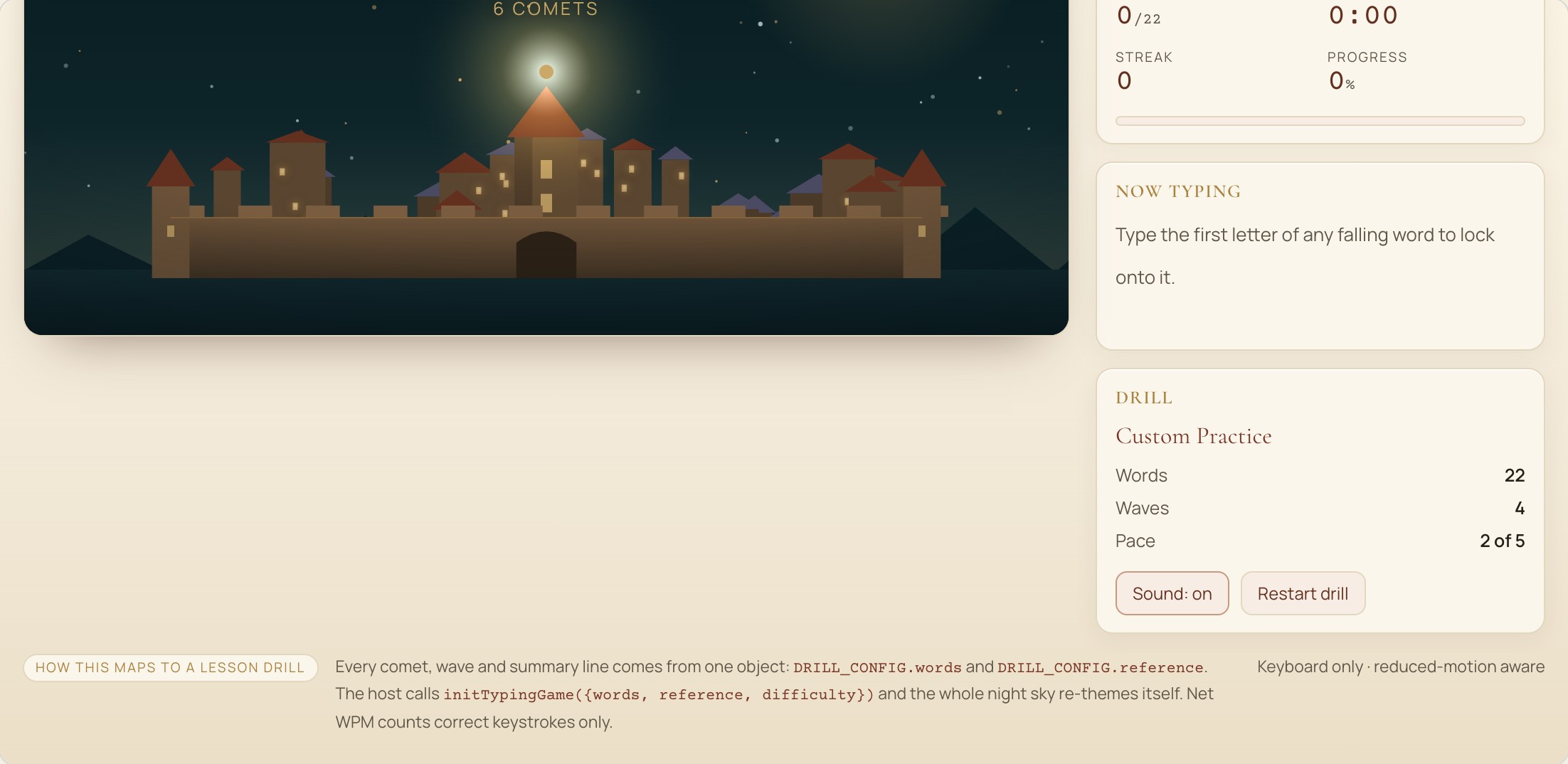 Meteor Defense: mid-play typing game with Scripture words on screen
