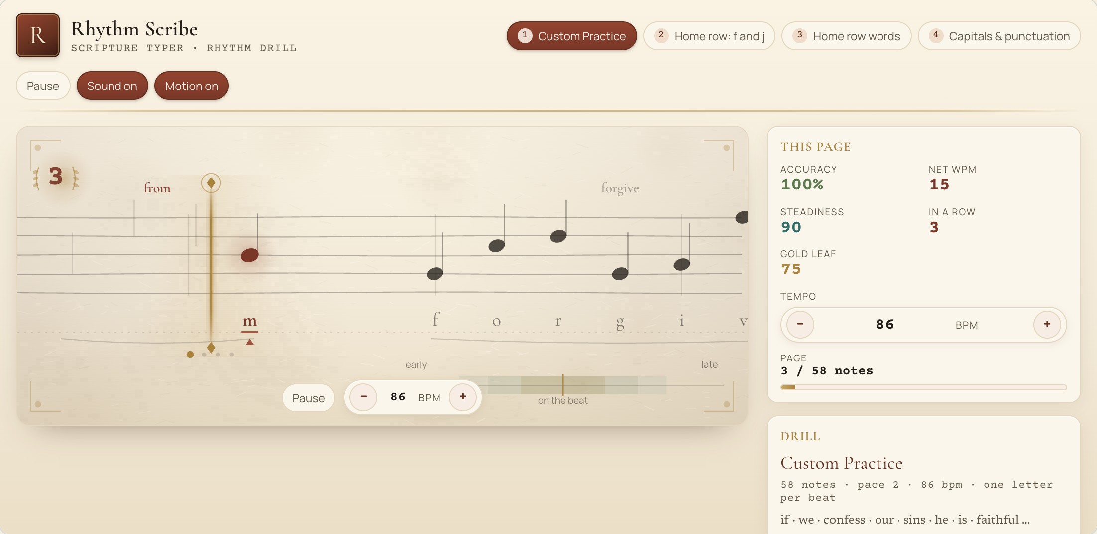 Rhythm Scribe: mid-play typing game with Scripture words on screen