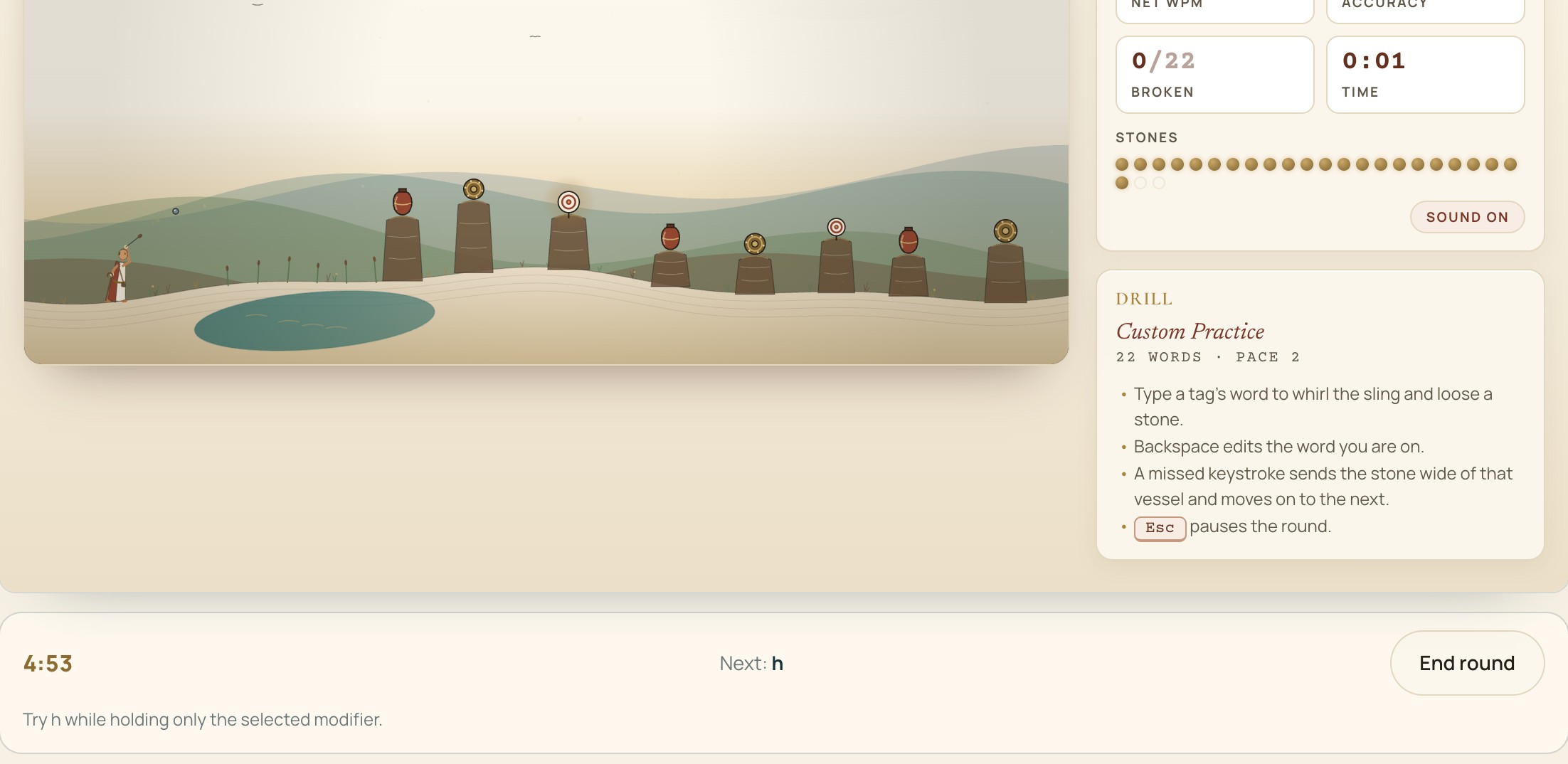 Sling & Stones: mid-play typing game with Scripture words on screen