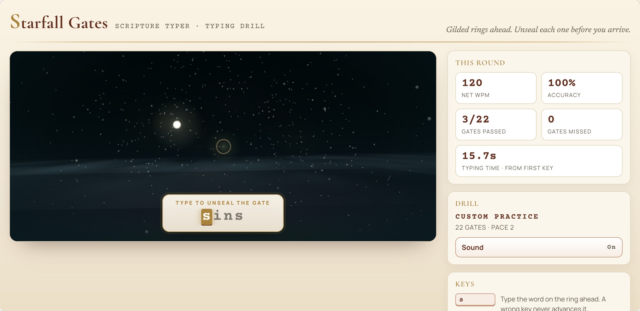 Starfall Gates: mid-play typing game with Scripture words on screen