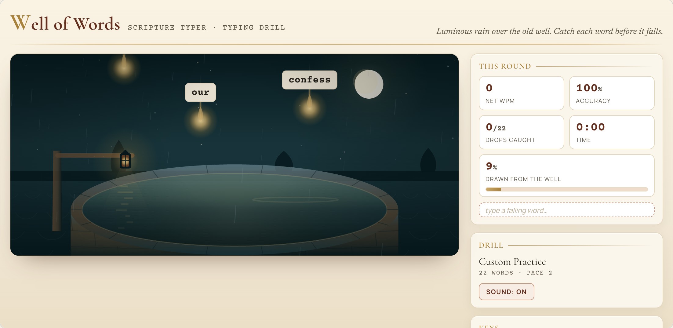 Well of Words: mid-play typing game with Scripture words on screen